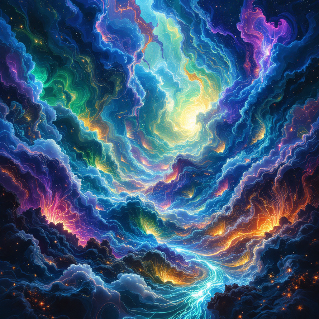 A vibrant, swirling cosmos of luminous blues, purples, and fiery oranges depicts a dreamlike landscape, embodying the essence of making reality in cyberspace.