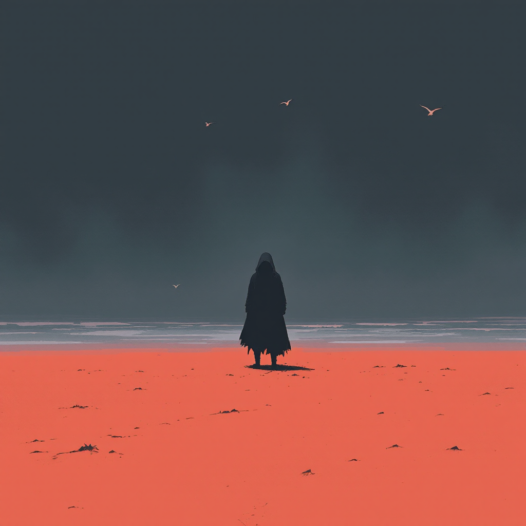 A solitary figure stands on a vibrant, red beach under a dark sky, evoking the struggle of identity and the search for truth referenced in the quote about a mysterious night.