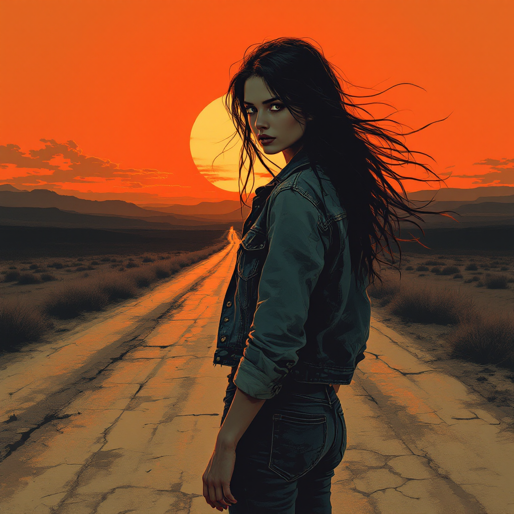 A young woman with flowing hair stands on an empty road, looking back as a vibrant sunset casts an orange glow, embodying the theme of facing one's past.