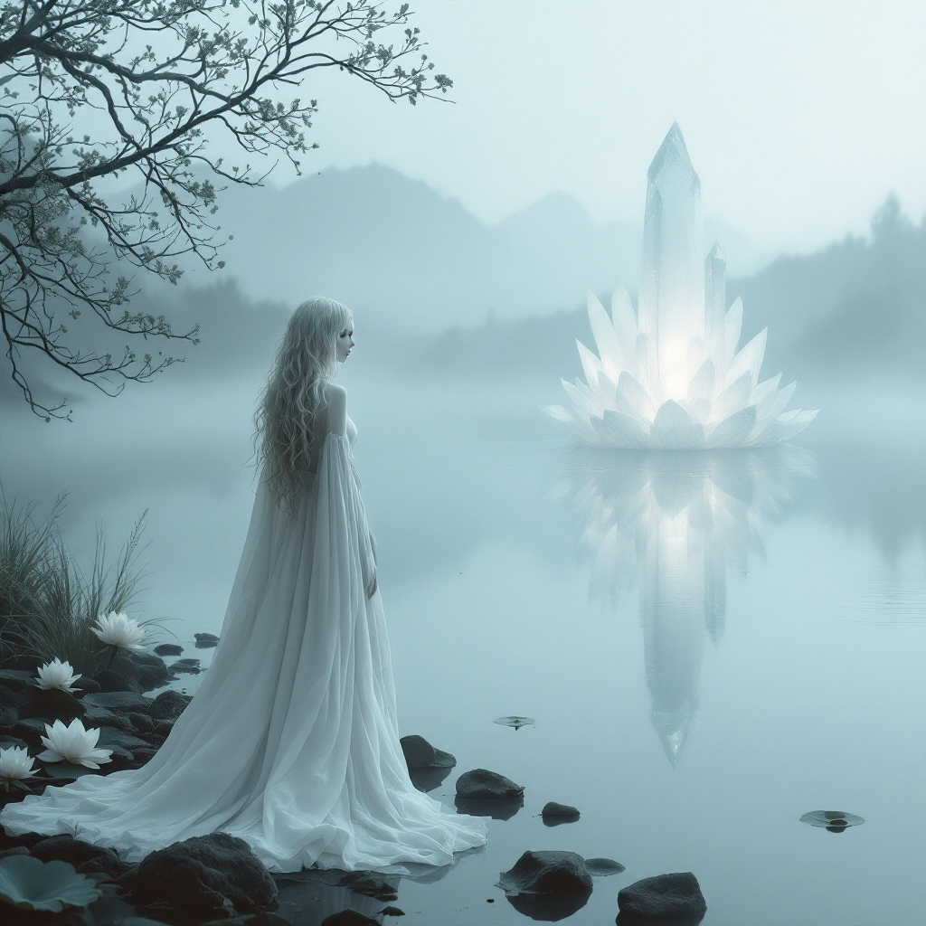 A figure in a flowing white gown stands by a misty lake, gazing at a glowing crystal formation. The serene landscape evokes the sentiment that everyone has someone who will miss them.