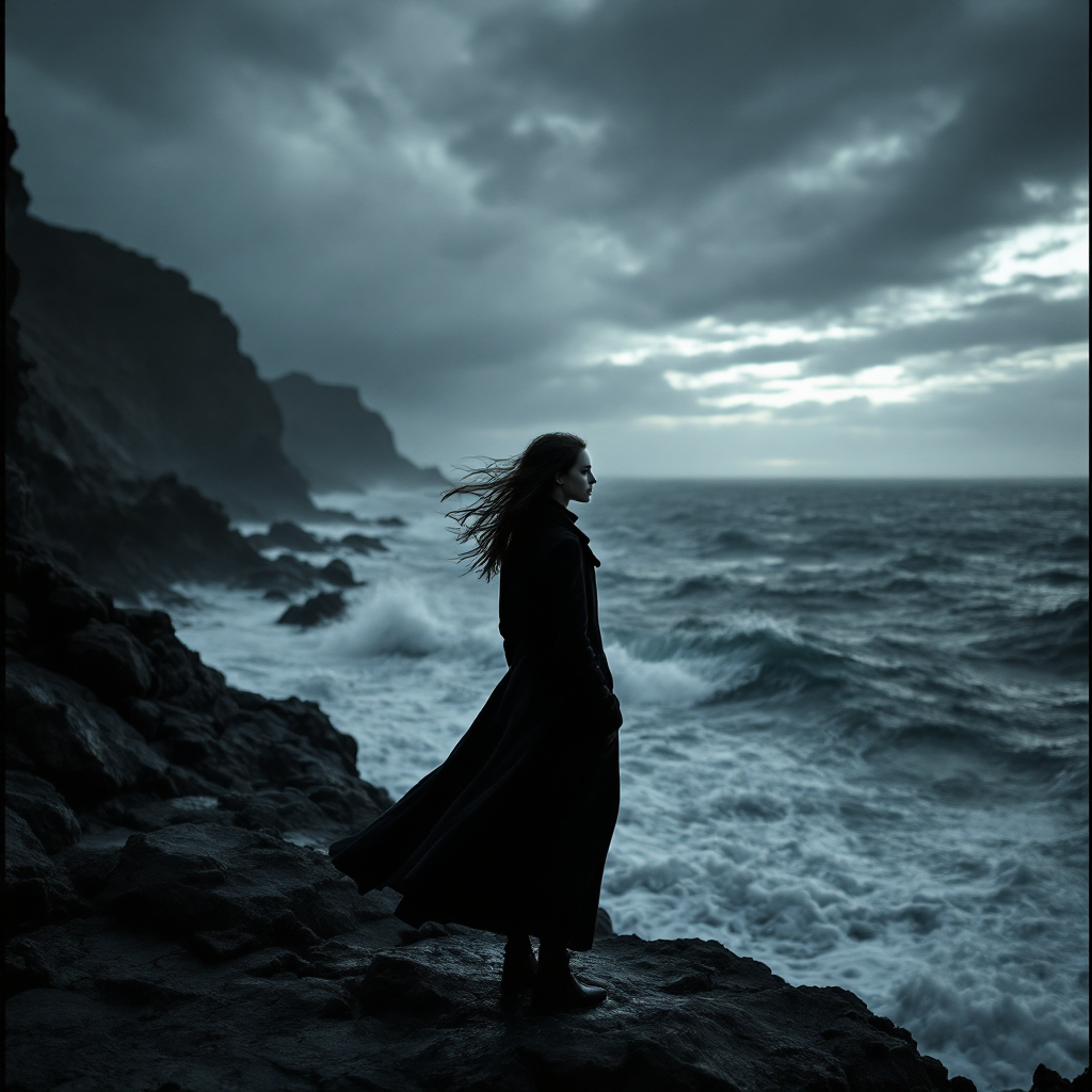 A figure stands on a rugged shore, facing turbulent waves under a dramatic sky. The scene captures resilience in adversity, embodying the quote about doing right despite life's challenges.