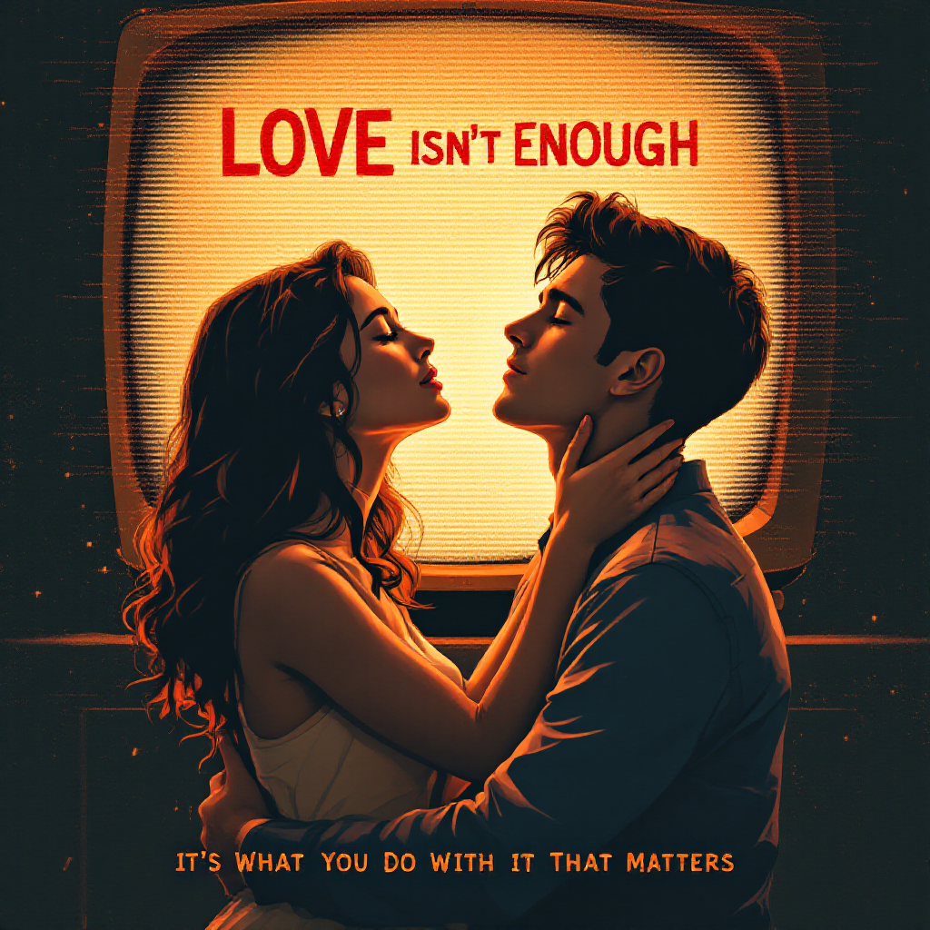 A couple gazes into each other's eyes, framed by a glowing vintage television. Bold text reads, LOVE isn't ENOUGH; it's what you do with it that matters.