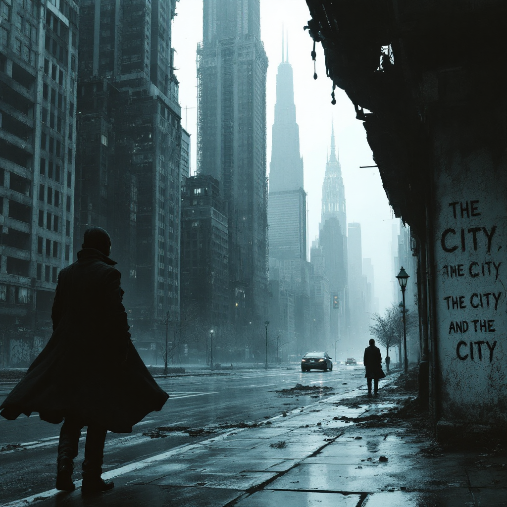 A misty urban landscape with towering skyscrapers, a person in a long coat faces a painted wall saying THE CITY, THE CITY, embodying the complexities of perception and reality from The City and the City.