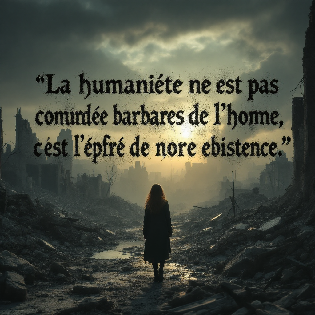 A solitary figure stands amid a desolate landscape, with the quote in French about humanity's trials overlaying the scene, evoking themes of resilience and existential struggle.