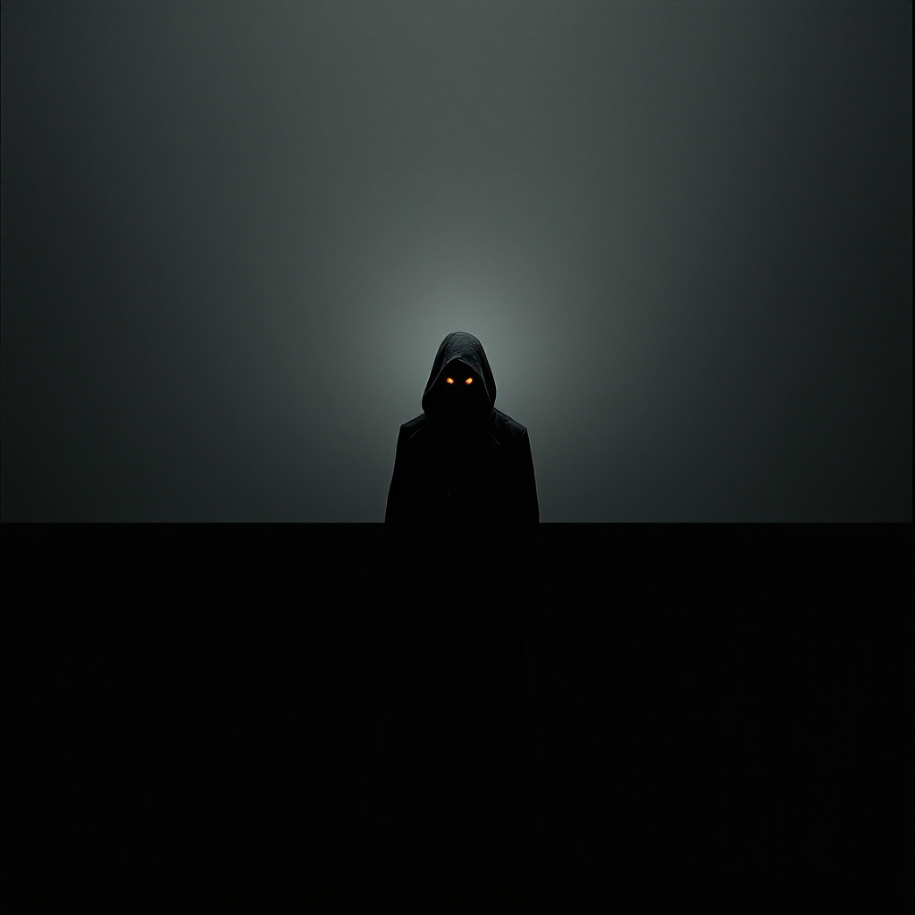 A figure cloaked in darkness stands before a dimly lit backdrop, with glowing eyes that evoke the theme, Sometimes the only way to survive is to embrace the darkness within.