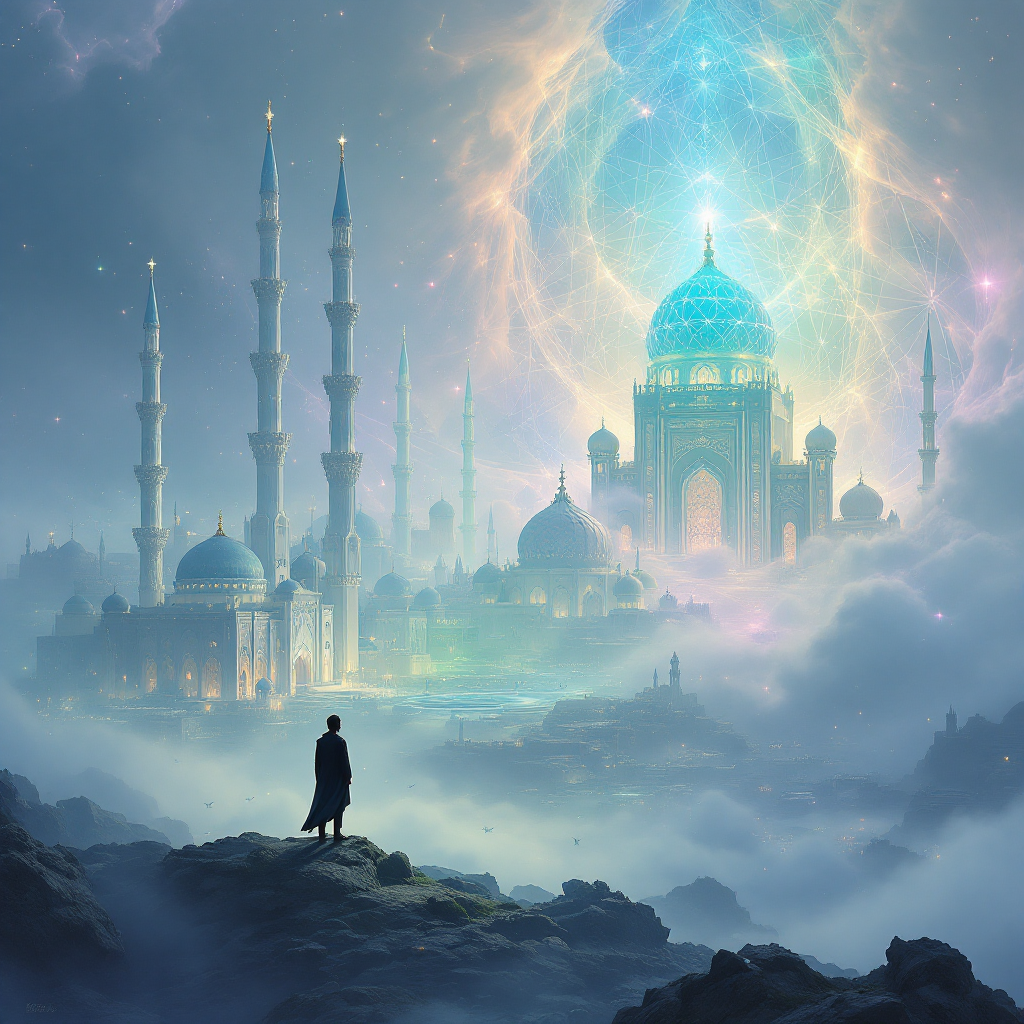 A figure stands on a rocky outcrop, gazing at a majestic city bathed in ethereal light, with towering spires and floating cosmic patterns, embodying beauty and wonder.