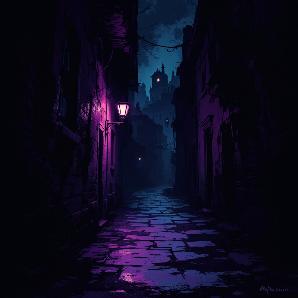 A dimly lit alleyway at night, shrouded in deep purples and blues, with a glowing lantern casting eerie shadows and hinting at unseen dangers lurking in the darkness.