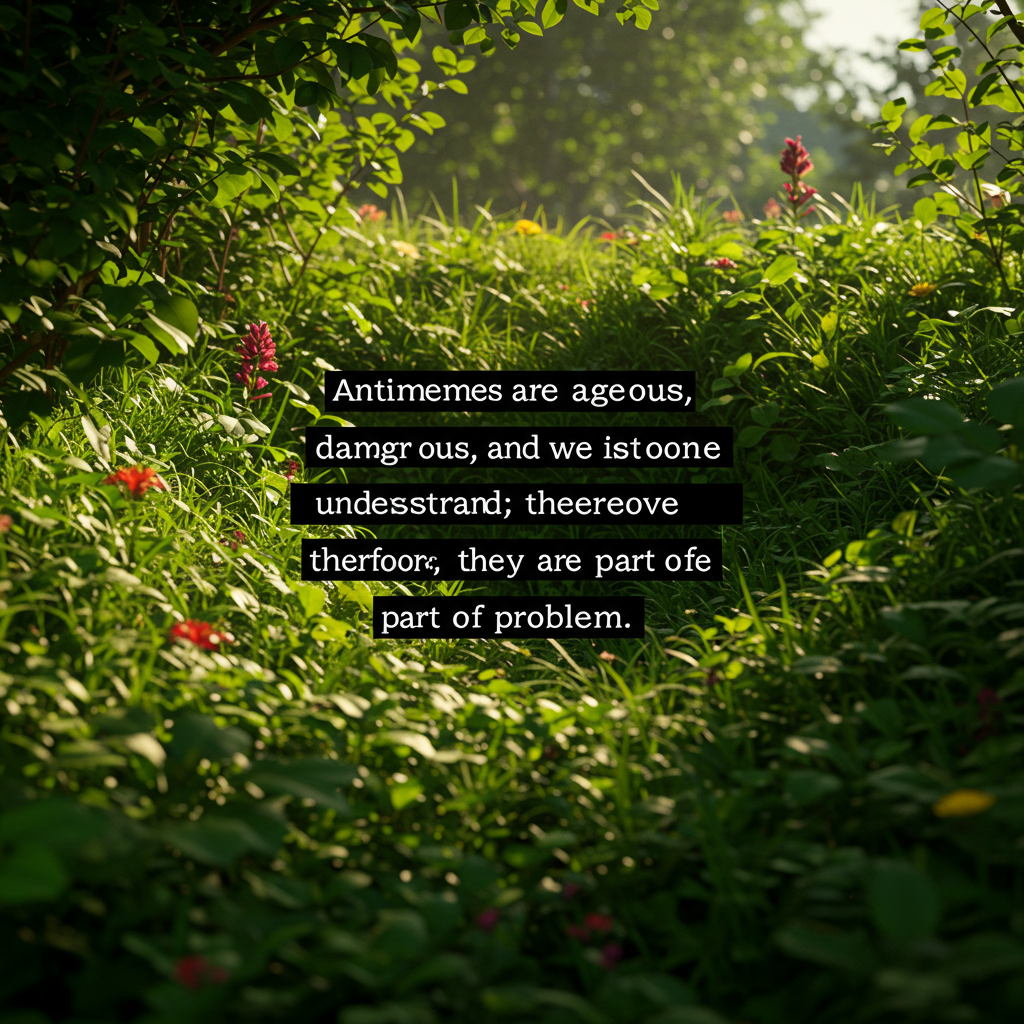 Sunlight filters through dense greenery with red flowers, overlaid by text discussing the danger and mystery of antimemes as part of a larger problem.