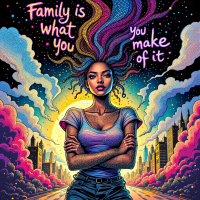 A confident woman stands with arms crossed, vibrant hair flowing into colorful clouds above a cityscape. The text reads, Family is what you make of it, reflecting on familial choices.