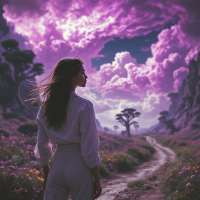 A woman stands with her back to the viewer, gazing at a vibrant purple sky filled with swirling clouds, as she contemplates her choice to be part of the unfolding scene around her.