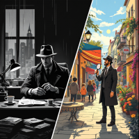 A split-image featuring a brooding detective in a rainy, noir setting on one side, and the same detective exploring a vibrant, sunlit street on the other, echoing the quote on investigation.