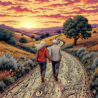 A couple walks hand in hand along a winding road, surrounded by vibrant fields and a colorful sunset, symbolizing their many years of shared journeys.