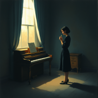 A woman in a dark dress stands pensively by a piano, gazing thoughtfully out of a sunlit window, embodying the sentiment of a heart divided between two homes.