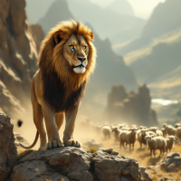 A majestic lion stands on a rocky outcrop, surveying a distant flock of sheep against a dramatic landscape, embodying the essence of strength and indifference to the opinions of others.