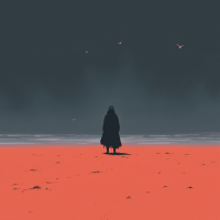 A solitary figure stands on a vibrant, red beach under a dark sky, evoking the struggle of identity and the search for truth referenced in the quote about a mysterious night.