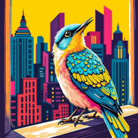 A vibrant, colorful mockingbird perches on a windowsill, framed by a lively cityscape. The scene evokes the essence of the quote about the bird's music and innocence.