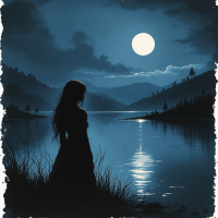 A silhouetted figure stands by a serene lake beneath a full moon, surrounded by mountains, evoking a sense of reflective peace and a journey towards a better rest.