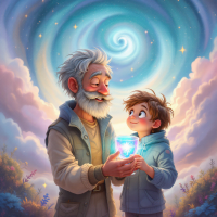 An elderly man and a young boy share a moment, holding a glowing glass together under a swirling galaxy, embodying a special bond as reflected in the quote about fathers and sons.