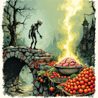 A zombie stands on a stone bridge, gazing at a glowing bowl of brains surrounded by vibrant tomatoes, evoking a humorous twist on the iconic quote about zombies and their cravings.