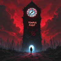 A solitary figure stands before a towering clock tower shrouded in red clouds. The inscription Tempus Fugit emphasizes the relentless passage of time, echoing the quote's theme.