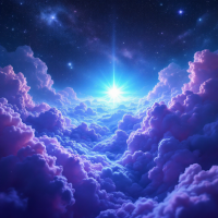 A radiant light shines through a sea of vibrant, fluffy clouds under a starry sky, echoing the sentiment that it's not appearance, but feeling, that truly matters.