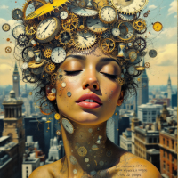 A woman gazes serenely, her hair transformed into a swirling mass of clocks and gears, symbolizing the concept of memory as a journey through time, against a city skyline backdrop.