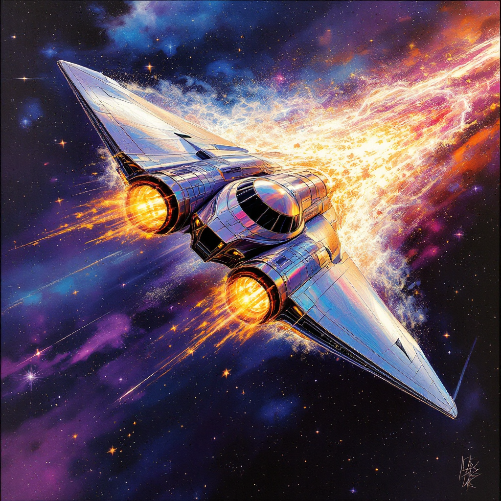 A sleek, futuristic spaceship speeds through a vibrant cosmic landscape, leaving a trail of fiery light against a deep purple and black backdrop, embodying the idea of focused trajectory over results.