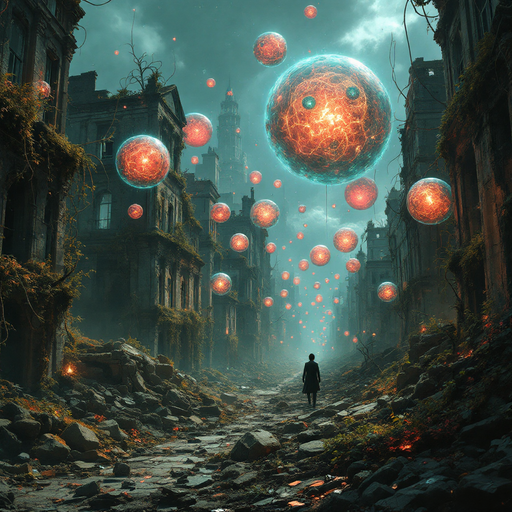 A lone figure stands in a ruined cityscape, surrounded by glowing orbs, symbolizing the journey from misunderstanding to understanding amidst the remnants of the past.