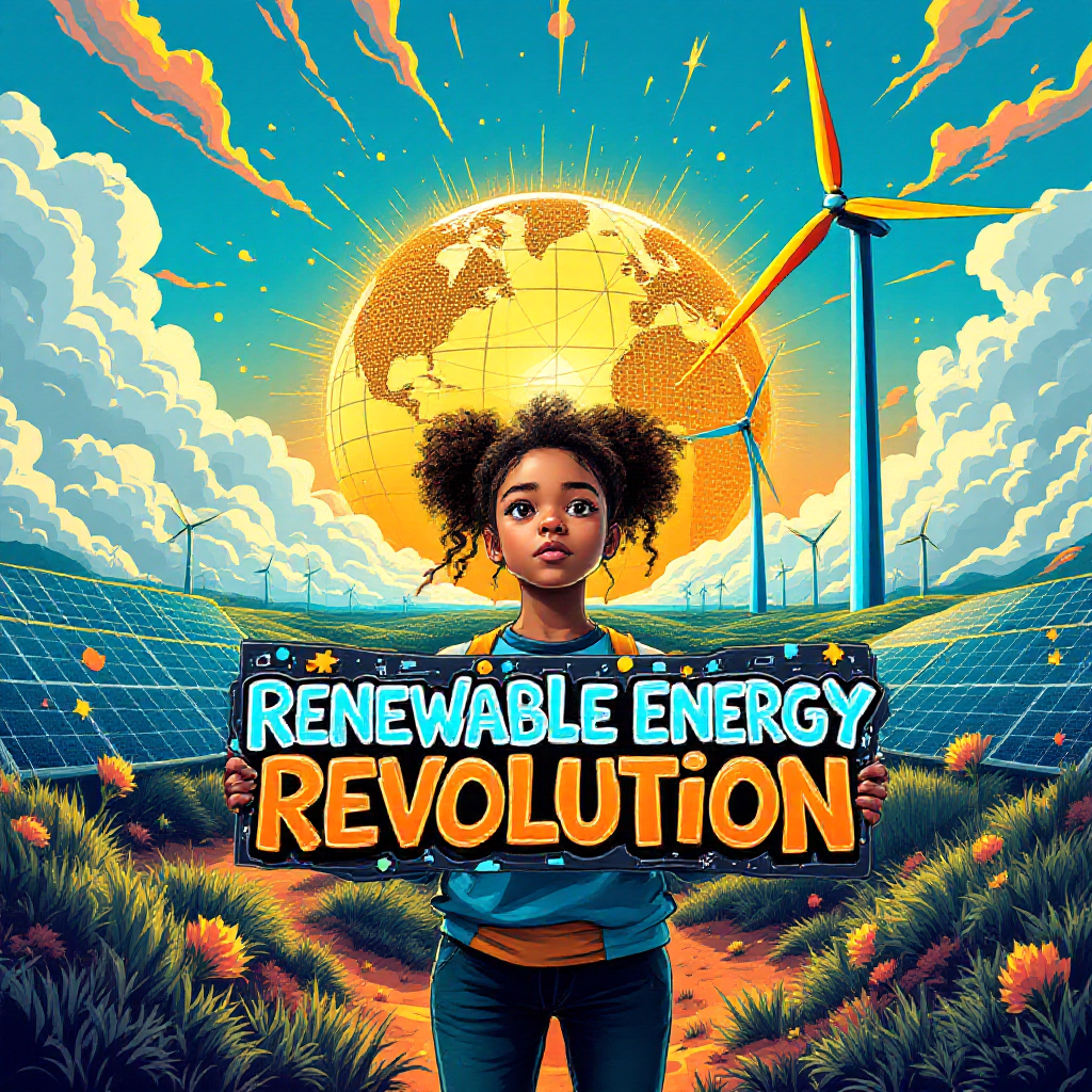 A young girl stands confidently holding a sign that reads Renewable Energy Revolution against a vibrant backdrop of wind turbines and solar panels, symbolizing a sustainable future.