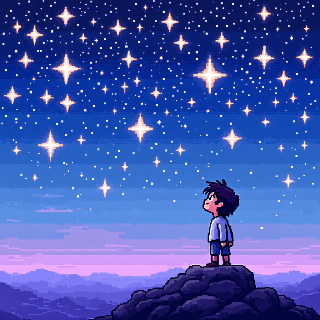 A young boy stands on a rocky outcrop, gazing up at a sparkling night sky filled with countless stars, embodying the sentiment of listening to dreams and the cosmos.