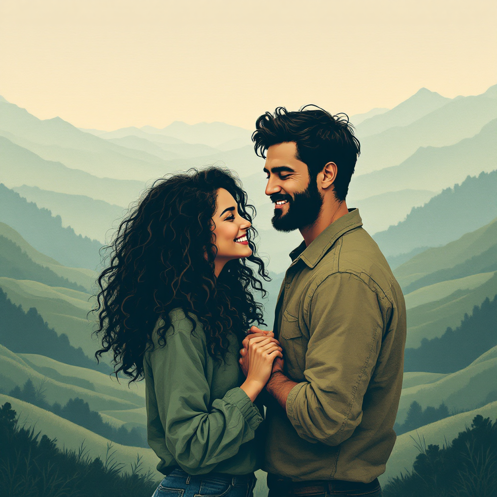 A couple gazes lovingly at each other against a misty mountain backdrop, symbolizing the enduring strength of friendship that transcends distance.