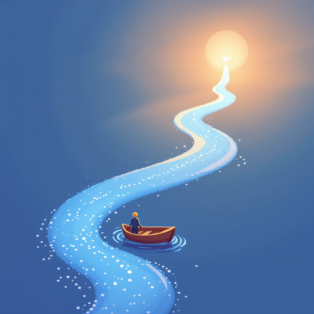 A small boat glides along a shimmering, winding river under a glowing sun, embodying the philosophical question of time's direction and the nature of the present moment.