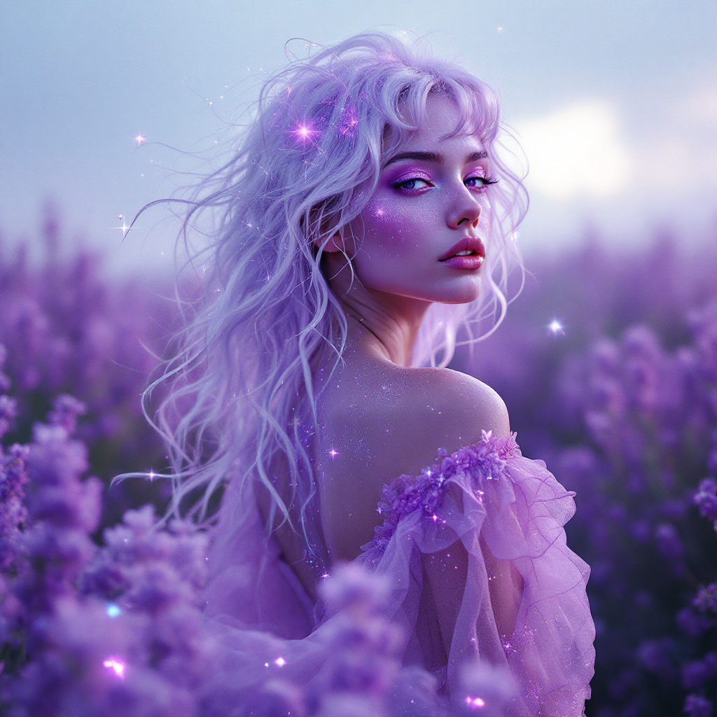 A dreamy figure with long, wavy lavender hair gazes over her shoulder amidst a purple flower field, surrounded by soft, ethereal sparkles, embodying the quote about starlight and dreams.