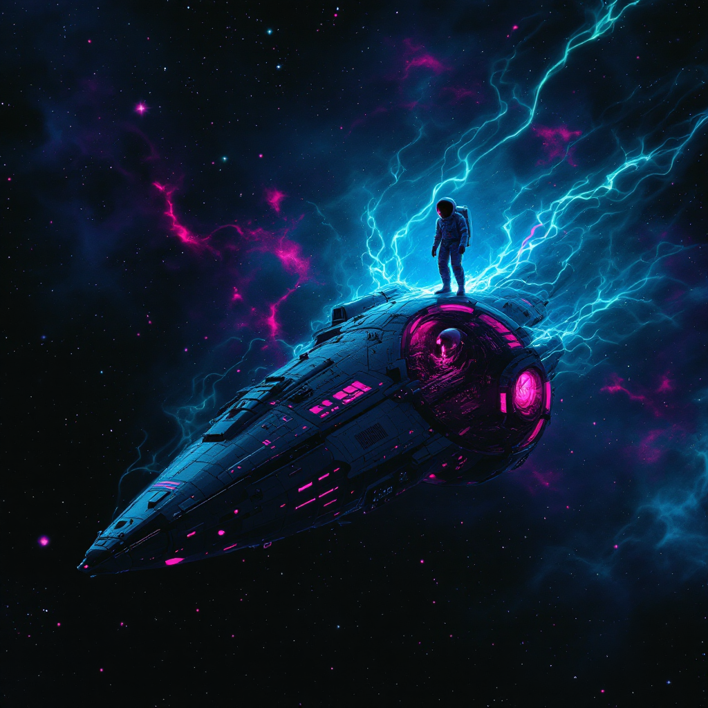 A lone figure stands on a futuristic spacecraft, enveloped in vibrant blue and purple lightning, set against a vast, star-filled void, embodying the fear of isolation in space.