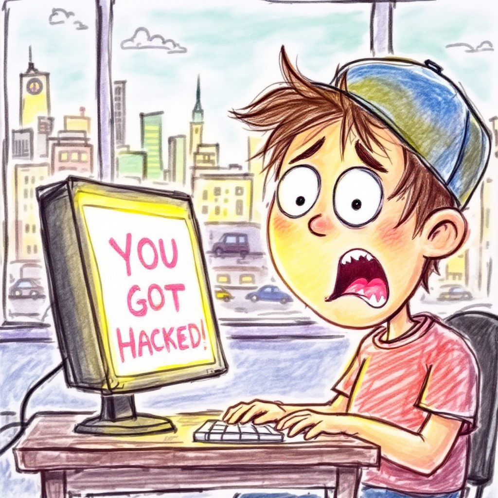 A shocked boy at a computer stares at a screen displaying YOU GOT HACKED! with a city skyline visible in the background, illustrating the surprise of a digital robbery.