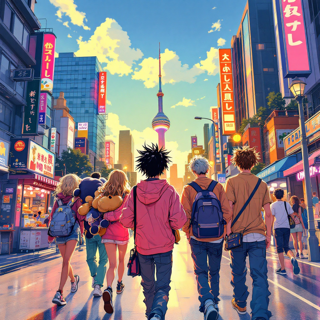 A group of four diverse friends walks through a vibrant city street at sunset, embodying the quote, There are no heroes or villains. Just us, in their shared journey.