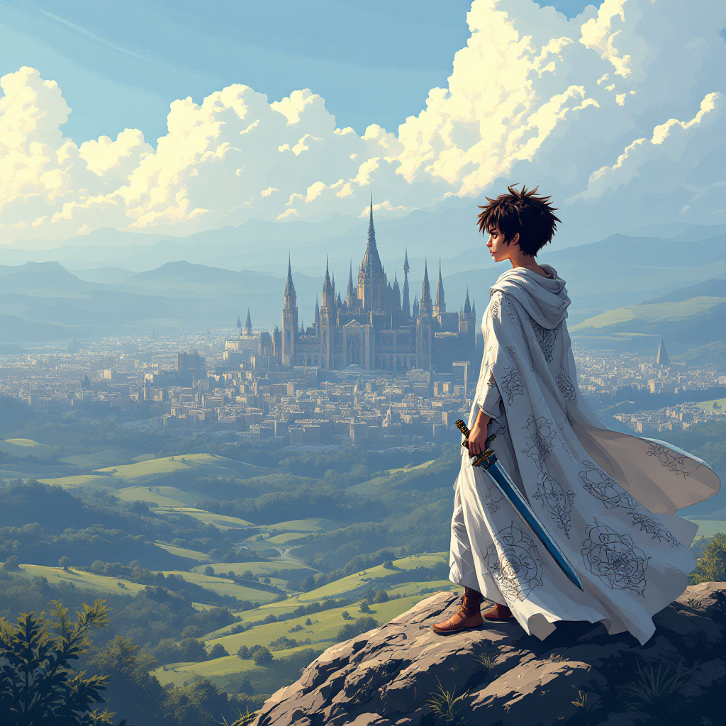 A figure in a flowing cloak stands on a rocky outcrop, gazing over a vast kingdom, embodying the essence of freedom and the pursuit of happiness as reflected in the quote.