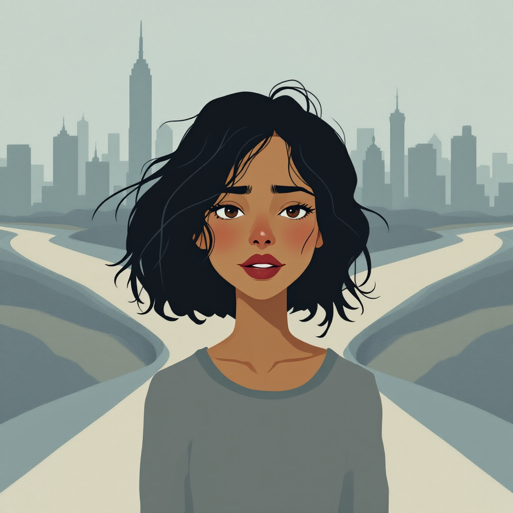 A young woman stands at a crossroads with a city skyline in the background, reflecting the struggle of staying true to oneself amid life's challenges.