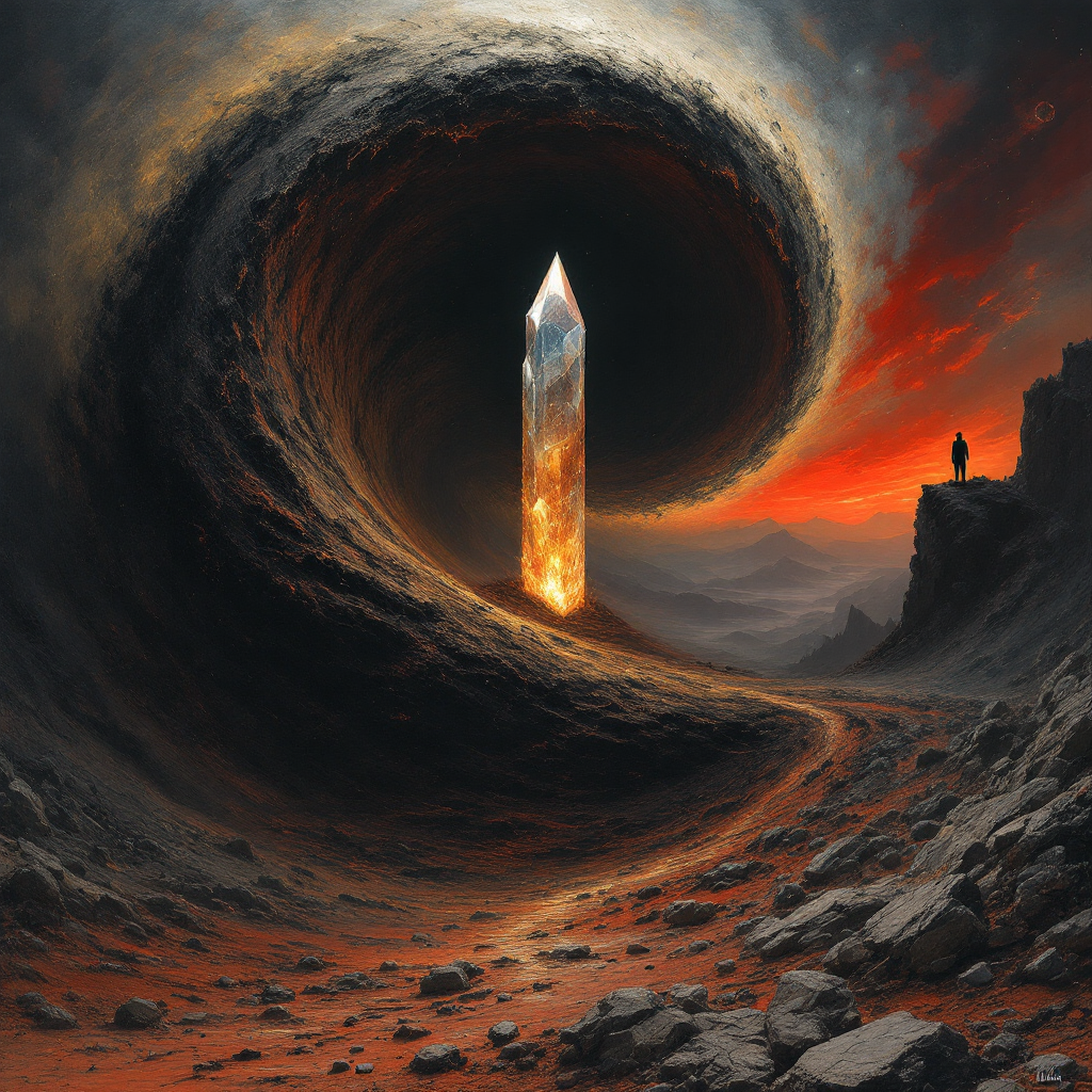 A swirling wave of darkness encircles a glowing crystal pillar, set against a dramatic sunset, symbolizing the tension between ignorance and arrogance.