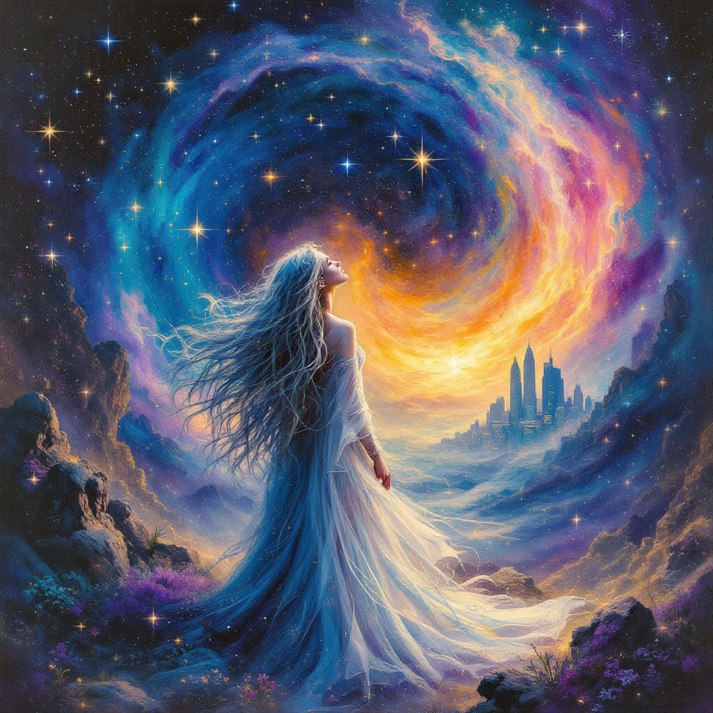 A woman in a flowing dress gazes into a swirling cosmic scene of vibrant blues, purples, and oranges, capturing the beauty and complexity of life’s tapestry.