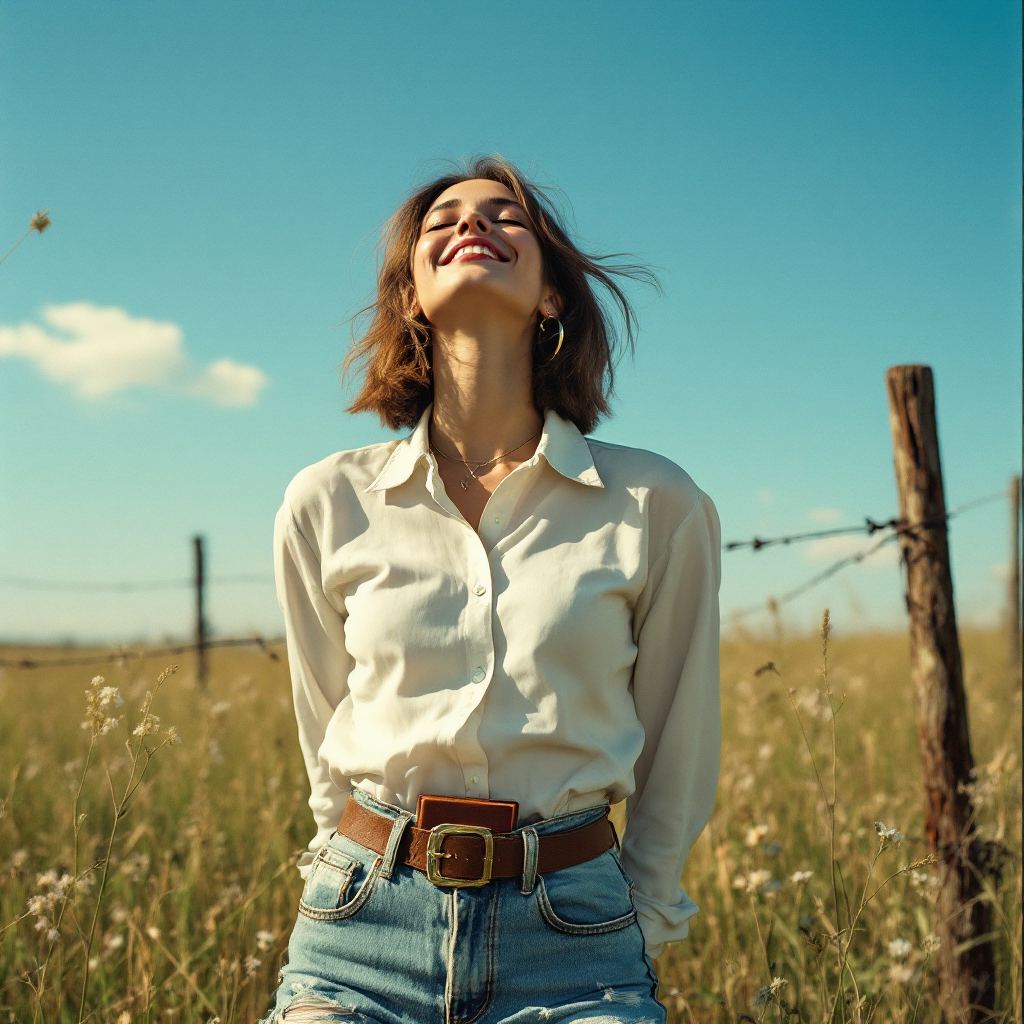 A woman stands joyfully in a sunlit field, wearing a white shirt and denim shorts, with her hair gently blowing in the breeze, embodying the quote about readiness for luck.