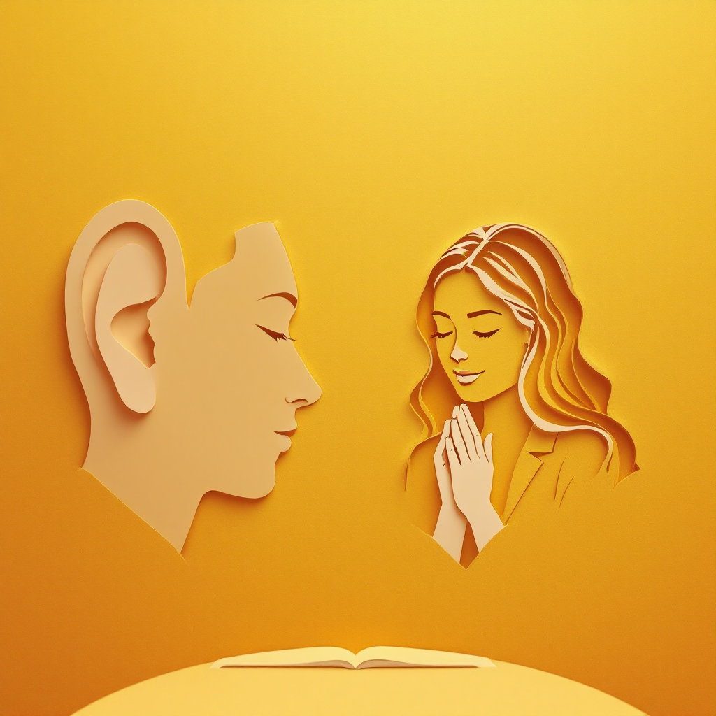 An illustration featuring a large ear on the left and a woman with hands clasped in thought on the right, set against a warm yellow background, symbolizing the significance of listening in debate.