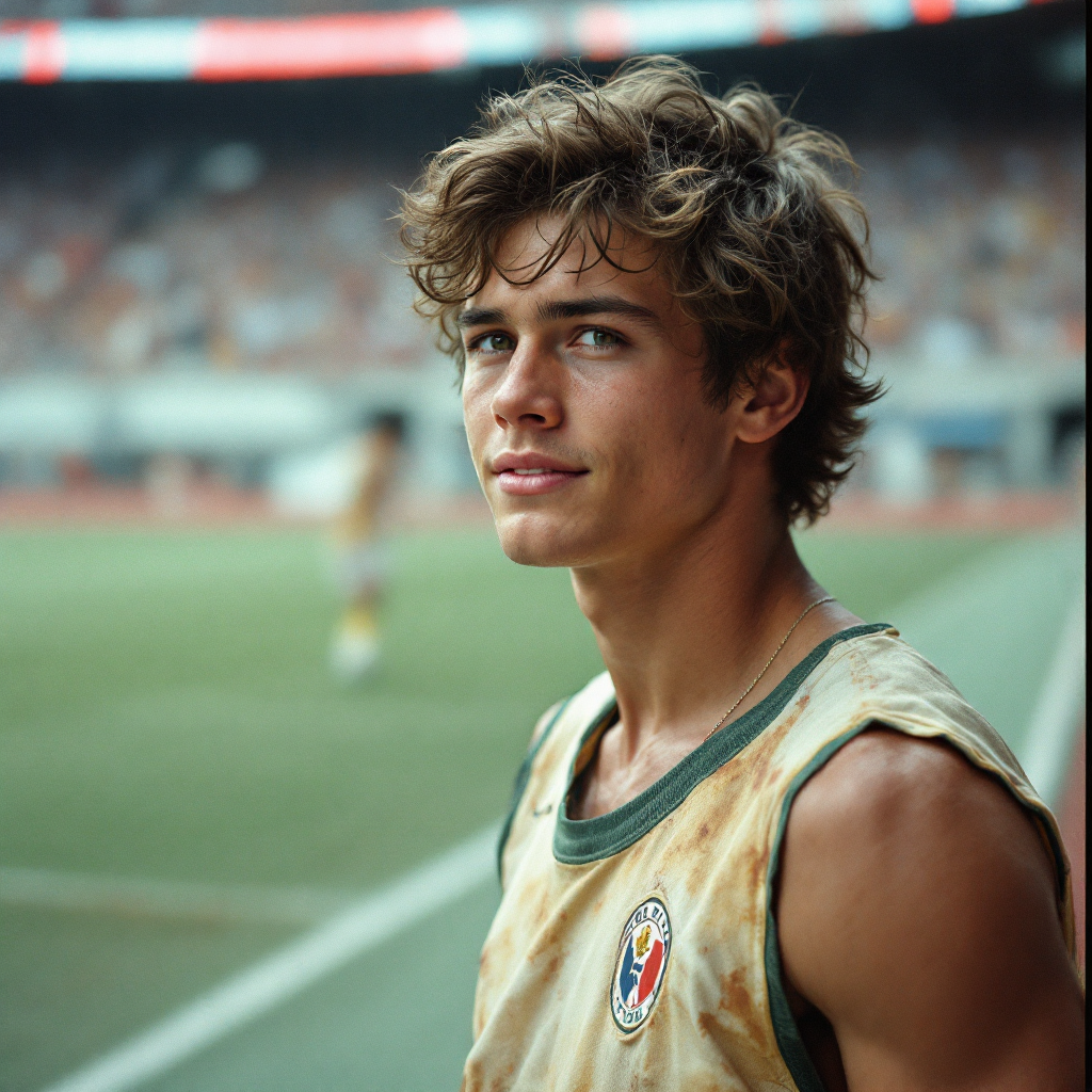 A young athlete with tousled hair gazes confidently at the camera, standing on a soccer field, embodying the spirit of striving for excellence amidst competition.