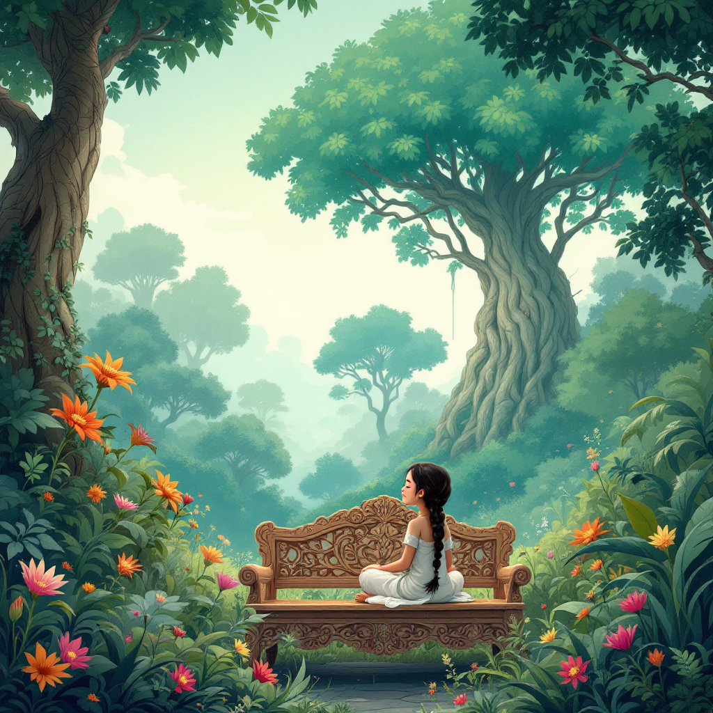 A serene scene of a girl sitting on an ornate bench in a lush, vibrant forest, surrounded by colorful flowers and towering trees, reflecting the essence of the Indian temperament.