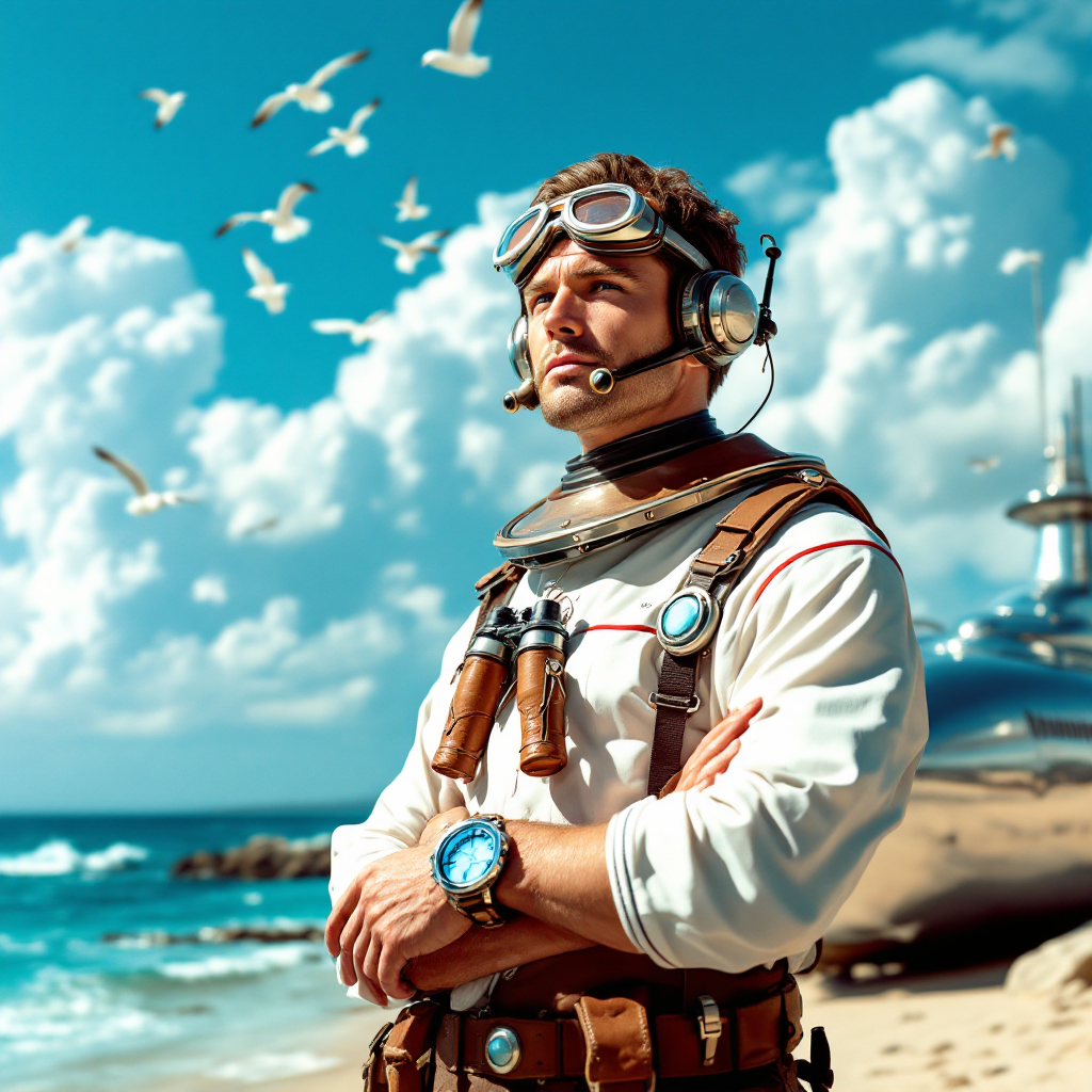 A man in vintage aviator gear stands on a sandy beach, gazing thoughtfully at the sea, with seagulls flying above and a futuristic structure in the background under a bright, cloud-filled sky.