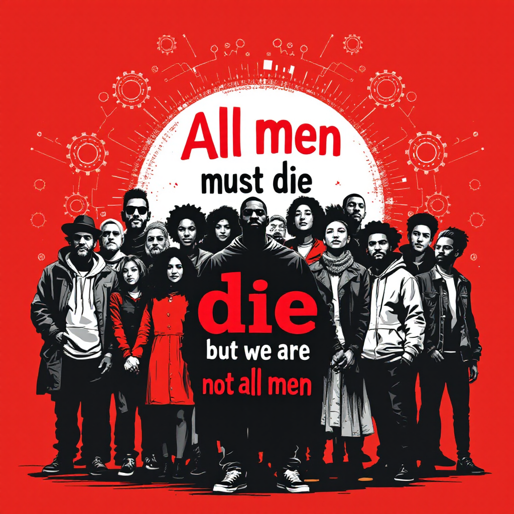 A diverse group of individuals stands in front of a bold red background, with the quote All men must die, but we are not all men prominently displayed, emphasizing individuality and resilience.