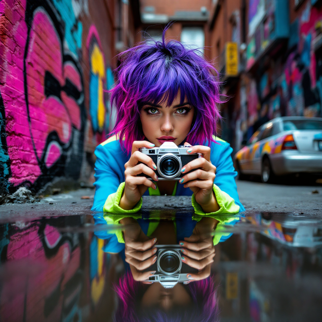 A young person with vibrant purple and pink hair holds a camera in a graffiti-covered alley, reflecting determination and creativity as they explore the limits of their abilities.