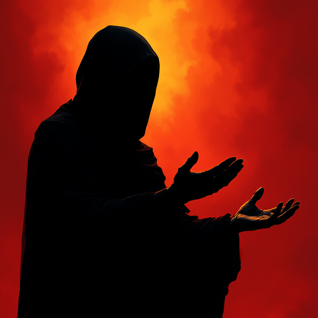 A silhouette of a robed figure with outstretched arms against a dramatic red and orange background, symbolizing the struggle of humanity against barbarism as expressed in the quote.