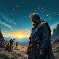 A weathered figure stands on a mountainside, gazing at a radiant sunset, while in the background, two others aim a glowing weapon, embodying the quote on poets as truth's snipers.