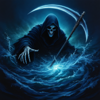 A dark, cloaked figure of death, wielding a glowing scythe, reaches out over ominous swirling waters, embodying the worst omen of death as described in the quote The Grim.